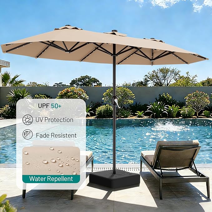 AreShark 13 FT Patio Umbrella with Solar Lights, Double-Sided Outdoor Table Umbrellas with Crank, Large Rectangular Market Umbrella for Porch, Lawn, Pool, Backyard, Beige