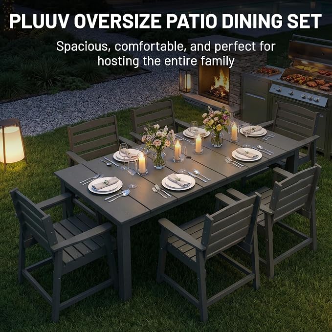 PLUUV Outdoor Dining Set for 8 Person, HDPE Large Table with Aluminum Legs and 8 Armless Chairs, All-Weather Patio Dining Furniture Set with Umbrella Hole for Backyard, Garden, Grey
