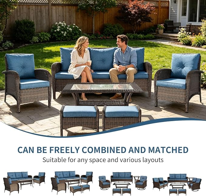 Outdoor Swivel Rocker Patio Chairs (Brown Wicker/Blue Cushion, 6PC/Sofa & Chair &Coffee Table & Ottomans)