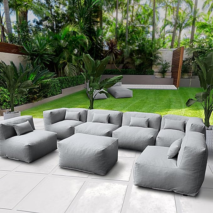 Dineli ANNYH CALALUNA 7Pc Patio Garden Furniture Sectional Conversation Set.Combines 4Middle, 2Corner, 1Ottoman Exp Foam Filled Chairs. A Unique Modular Contemporary Sofa (Dark Gray)