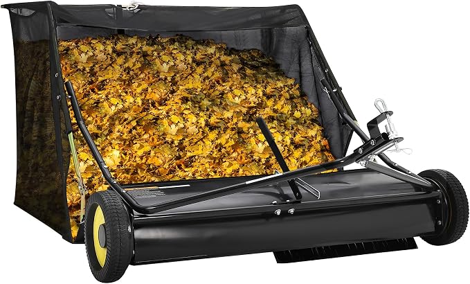Garvee 50 Inch Lawn Sweeper Tow Behind, 26 cu.ft. Large Pull Behind Grass Sweeper, Heavy Duty Leaf & Grass Collector with Dumping Rope Design, Adjustable Sweeping Height for Picking Up Debris & Grass