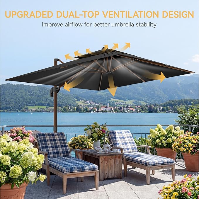 10x13 FT Wood Pattern Patio Umbrella, Large Deluxe Cantilever Rectangular Double Top Heavy Duty Offset Umbrellas with 360° Rotation, Outdoor shade for Garden Deck Pool Patio, Black