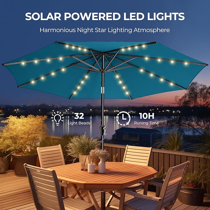 HOMSHADE 9ft Solar Patio Umbrella - Solar Lights LED Lighted Outdoor Market Table Umbrella, UPF50+ UV Protection with Push Button Tilt, Crank for Pool Deck and Garden (Peacock Blue)