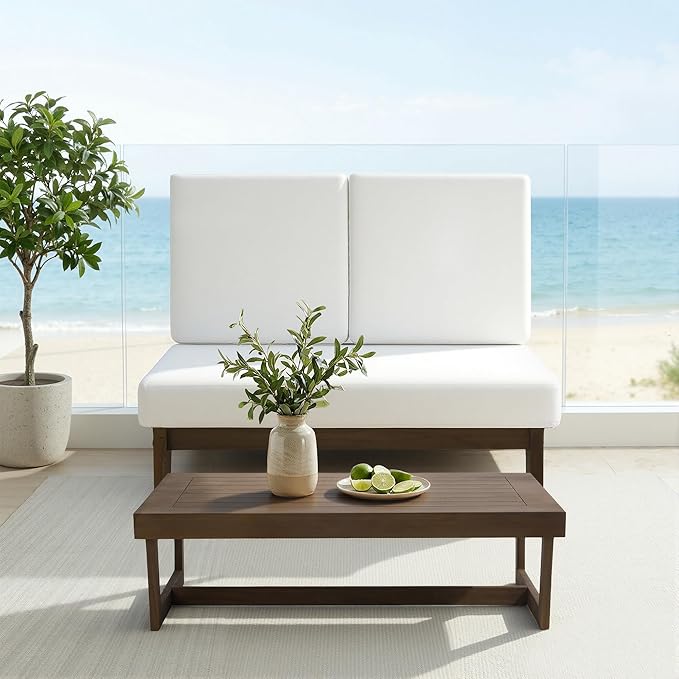 UIXE 6 Pieces All Weather Wood Patio Furniture Sets, 2 Patio Loveseat, 2 Patio Bistro Chair, Outdoor Sectional Sofa Furniture Backyard Conversation Set with Coffee Table - Beige