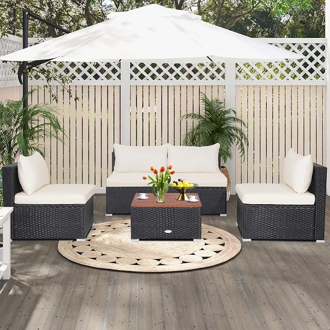 Tangkula 5 Piece Outdoor Patio Furniture Set, Patiojoy PE Wicker Conversation Set with Solid Acacia Wood Tabletop and Soft Cushions, Patio Sectional Sofa Furniture Set for Garden, Poolside (Off White)