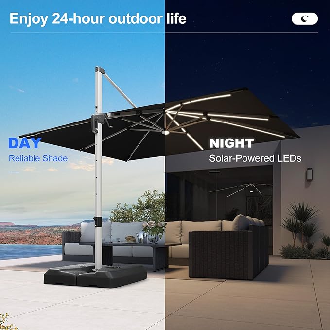PURPLE LEAF 9' X 12' Patio Umbrella with Lights Outdoor Rectangle Cantilever Umbrella Solar Powered LED with 360-degree Rotation for Garden Deck Pool Patio, Black