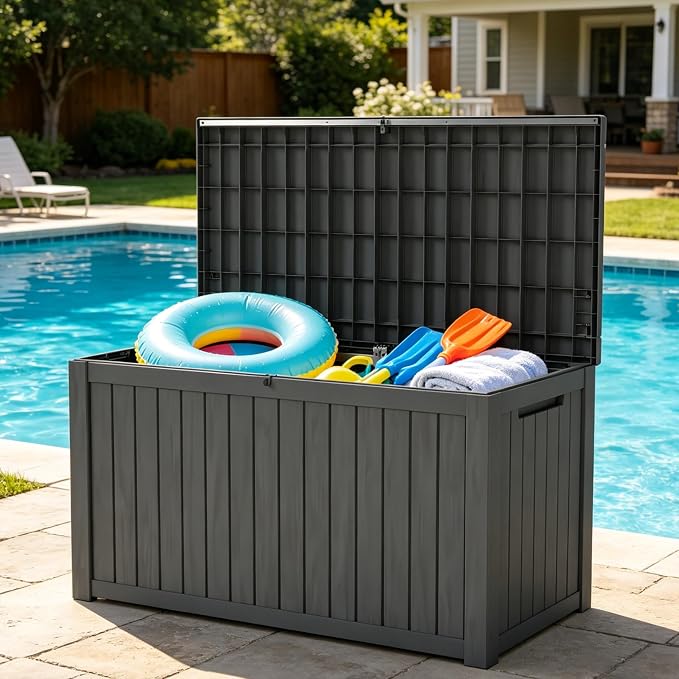 LAUSAINT HOME 200 Gallon Resin Deck Box with Hydraulic Pistons, XXL Waterproof Outdoor Storage Bench for Large Cushions, Lockable Patio Bin for Pool and Garden (Black)
