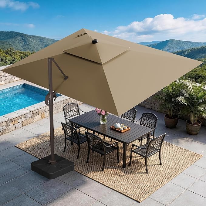 GENTEACO 9x12FT Cantilever Patio Umbrella, Double Top Rectangle Offset Umbrella 7 Angle Tilts & 360° Rotation, Large Heavy Duty Outdoor Sun Umbrella for Pool Market, Tan