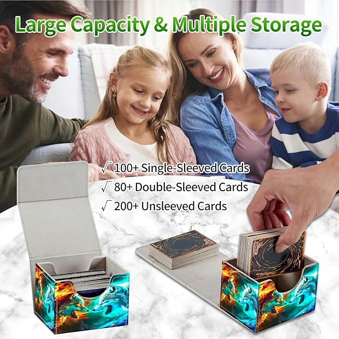 Card Deck Box for MTG, Cards Storage Box Fits 120+ Sleeved, Leather Small Size Strong Magnetic Closing Card Case for Board Games Magic TCG CCG Baseball Collection, Two Flaming Wolves