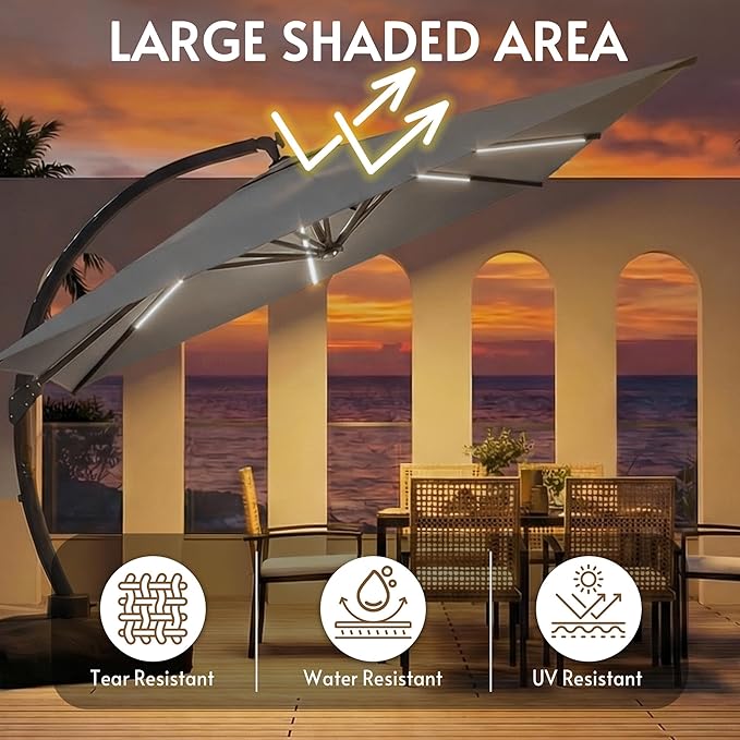 11x11FT Solar Powered LED Light Cantilever Patio Umbrella with Base Included, Large Cantilever Umbrella with 360°Rotation, Heavy-Duty Offset Outdoor Umbrella for Patio,Pool,Backyard (Gray)