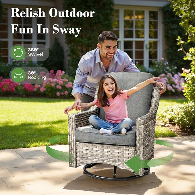 ovios 5 Piece Outdoor Patio Furniture with 3 Seat Sofa,Rattan Wicker Coversation Set with Swivel Rocking Chair,Balcony Sofa Set with Shiny Table for Outside Porch Backyard Pool, Dark Grey