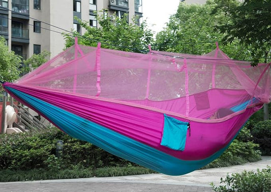 ELEOPTION Camping Hammock with Mosquito net Portable Outdoor Bed Robust Hammock from Parachute Silk max. Load Capacity 200kg Perfect for Home Garden Forests Travel Hiking etc (Pink+Blue)