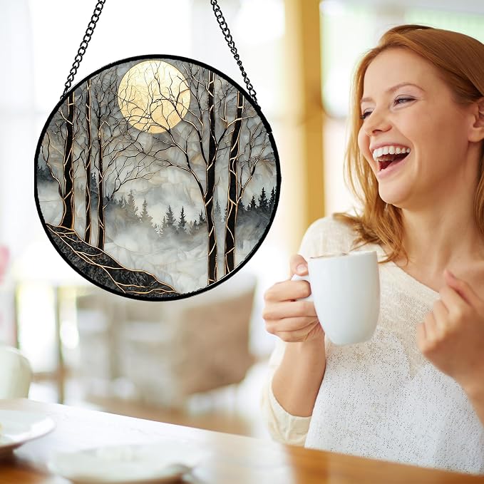 Stained Glass Window Hanging - Grey Moon Forest Sun Catcher for Door Home Decor Suncatcher Christmas Mother's Day Birthday Gifts for Women Men Lovers Mom Nana 7.8 in