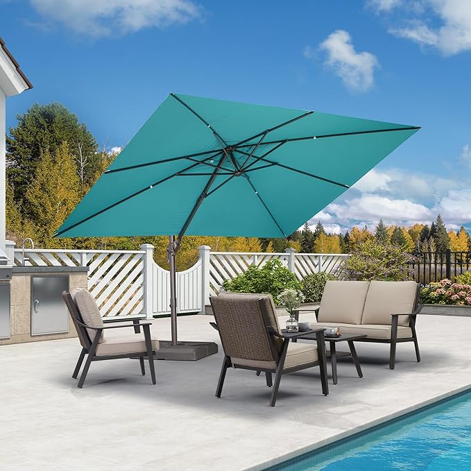 PURPLE LEAF 9' X 11.5' Rectangle Cantilever Umbrella Patio Umbrella Antique Bronze Outdoor Aluminum Offset Hanging Umbrella with 360-degree Rotation for Pool Garden Backyard Deck, Turquoise