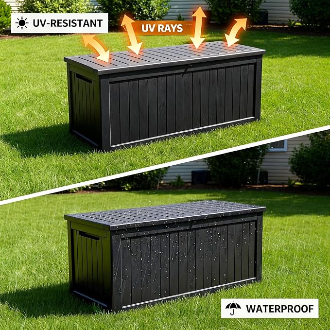 269 Gallon Large Outdoor Storage Box, Waterproof Deck Box with Lockable Lid, Resin Outside Storage Box for Patio Furniture, Pool Accessories, Garden Tools, Storage Bench for Backyard, Porch, Black