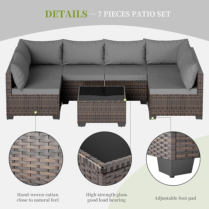 7 Pieces Patio Furniture Set - Outdoor Sectional Wicker Rattan Furniture with Cushion and Glass Table Patio Conversation Sets for Porch Poolside Backyard Outdoor Sofa Set Modular Sofa