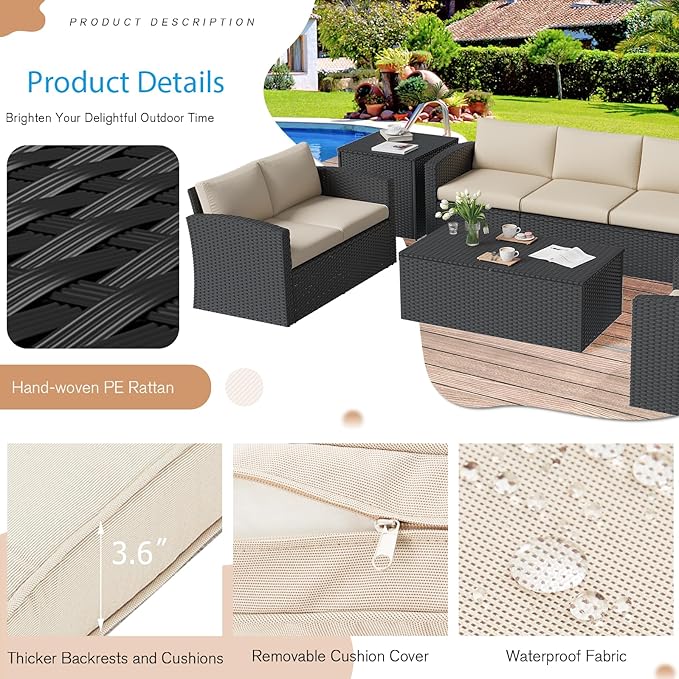 AECOJOY 7 Pieces Patio Furniture with Two Storage Boxes, Outdoor Rattan Conversation Set，All-Weather PE Wicker Sectional Sofa for Garden, Backyard, Deck, Black & Beige