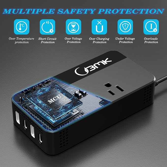 200W Car Power Inverter 12V DC to 110V AC Converter with 2 AC Outlets & 4 USB Ports, Dual QC3.0 + 2 USB-C PD 18W, Cigarette Lighter Plug Adapter for Laptop Tablet Road Trip