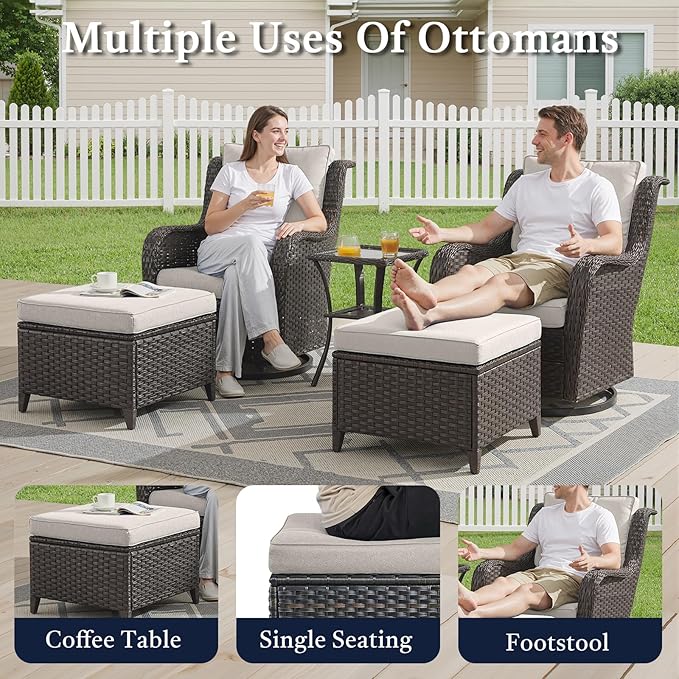 Outdoor Patio Furniture Set-5 Piece Outdoor Swivel Rocker Chairs with Ottomans Patio Furniture Set for Deck Balcony Poolside Backyard-Brown/Beige
