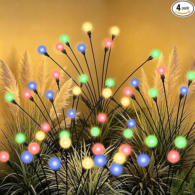 4 Packs Firefly Lights Solar Outdoor, 24 LED Multicolor Solar Walkway Light Outdoor, Waterproof Garden Decor with 2 Modes, Lawn Lights for Front Yard Backyard Yard and Pathway