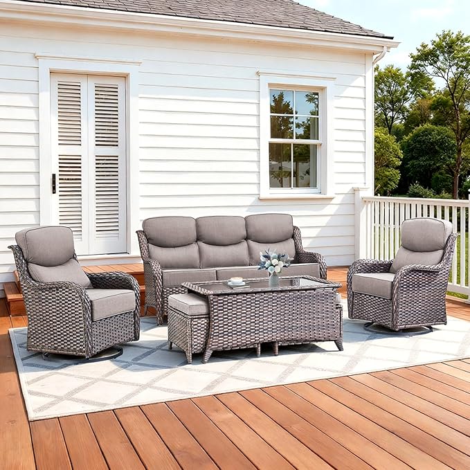 Luxury High Back Patio Furniture Set with 6-Inch Thick Cushions, 6-Pieces Outdoor Furniture with Swivel Chairs, Wicker Conversation Set for Porch, Balcony, Deck and Yard, Brown/Grey