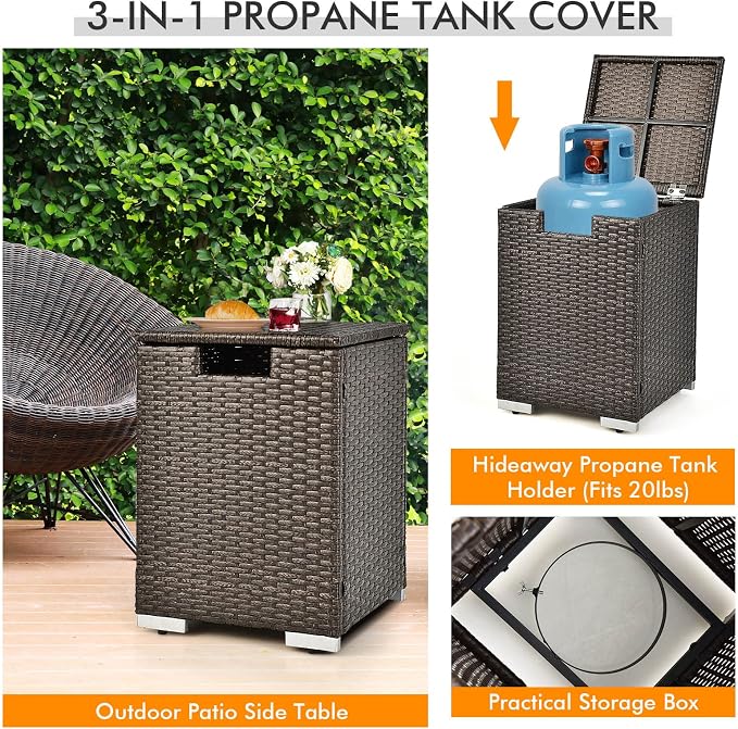 Tangkula 6 Pieces Patio Wicker Furniture Set with 32 Inches Propane Fire Pit Table and Tank Holder, Outdoor Conversation Set with Storage Box and Coffee Table, 2 Waterproof Covers Included (Beige)