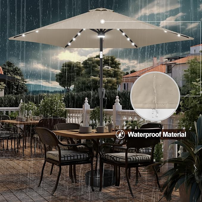 FLAME&SHADE 10ft Solar Outdoor Umbrella - 24 LED Lighted Patio Umbrella with Centre Surround Light, Table Umbrellas with Tilt & Crank for Pool, Porch, Garden, Deck, Backyard UV Protection (Taupe)