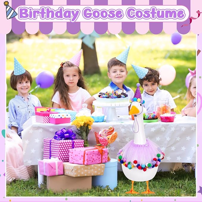 Birthday Porch Goose Outfit Lawn Clothes Hat and Tutu Collar Plastic Outfits for 23" 17" Cement Goose Outdoor Garden Lawn Art Decor (Purple,Tutu Skirt)