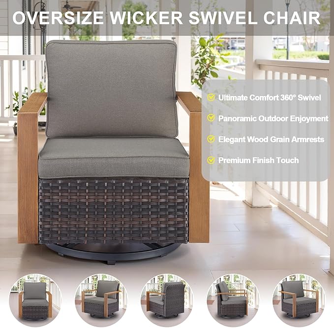 Belord Social 5 Pieces Patio Furniture Set - Swivel Rocker Glider Outdoor Chairs Set of 4 with 50000BTU Propane Fire Pit Table, Durable Wicker Outdoor Conversation Set for Casual Gathering