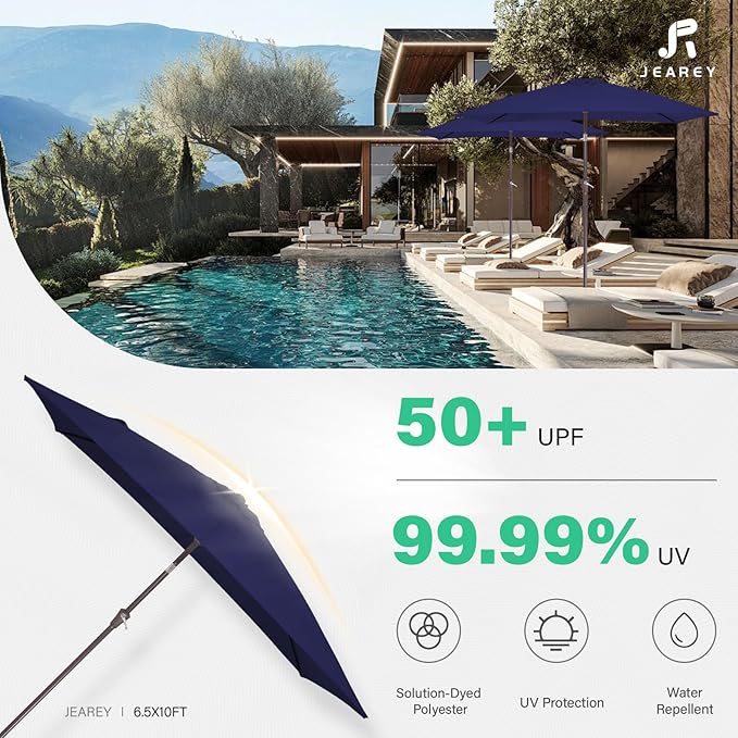 JEAREY 6.5x10 ft Rectangular Patio Umbrellas Outdoor Market Umbrella with Push Button Tilt and Crank, Rectangle Table Umbrellas 6 Sturdy Ribs UV Protection for Pool Garden Backyard Deck, Dark Blue