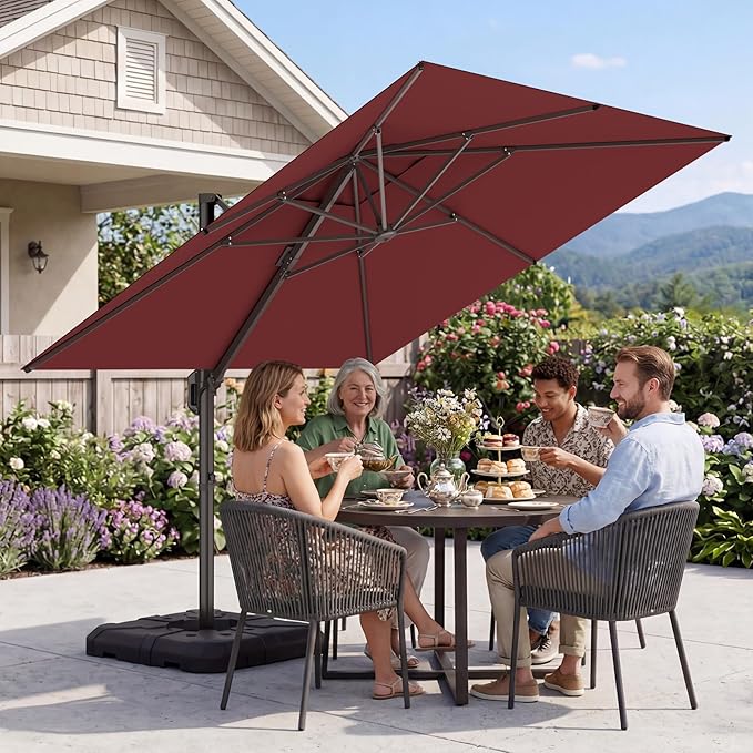 GENTEACO 10X10 FT Cantilever Umbrella, Large Offset Patio Umbrella with 6 Angle Tilts & 360° Rotation, Large Square Sun Umbrellas for Outdoor Patio Pool Deck Market, Red