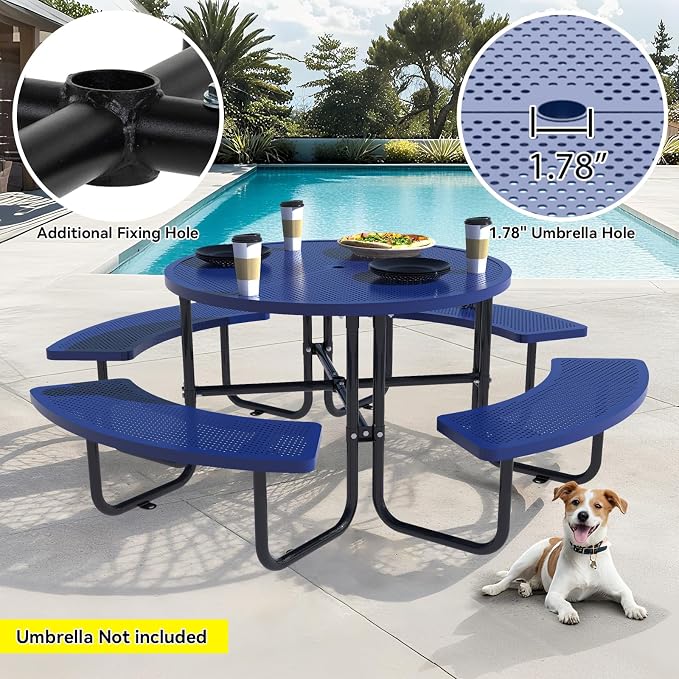 46-inch Heavy-Duty Outdoor Steel Round Picnic Table, Portable Commercial-Grade Picnic Table with Parasol Hole, Sturdy and Durable, Ideal for Garden and Patio Barbecues (Blue - Round)