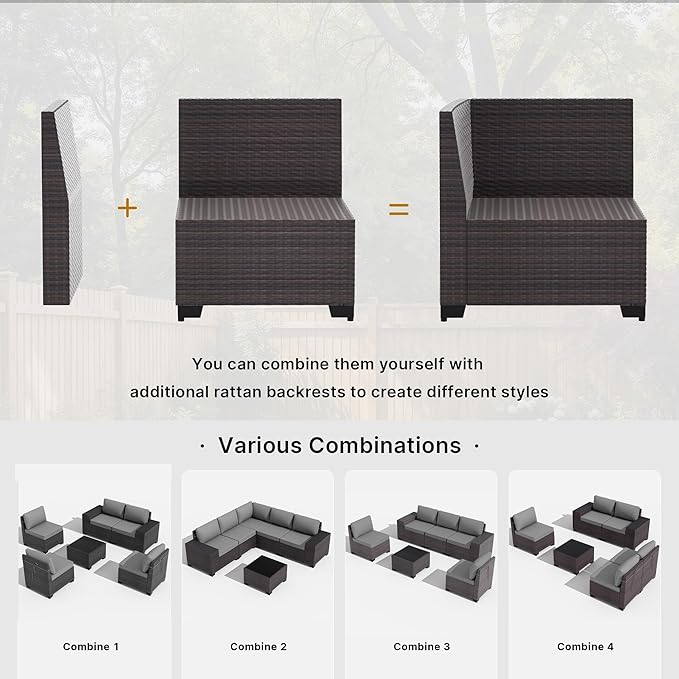 Gotland 9 Pieces Patio Furniture Set with 2 Swivel Chairs, 7-Seater Patio Furniture in 4 Combinations with Wide Armrests 29.5'' High Backrest, Wicker Outdoor Sectional for Deck Garden Pool Gray