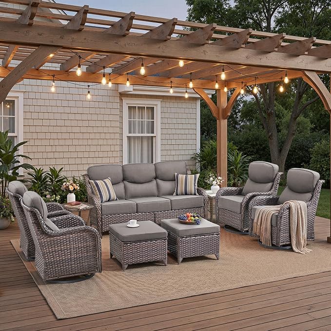 Luxury High Back Patio Furniture Set with 6-Inch Thick Cushions, 9-Pieces Outdoor Furniture with Swivel Chairs, Wicker Conversation Set for Porch, Balcony, Deck and Yard, Brown/Grey