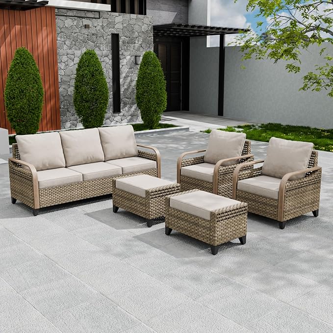 EAGLE PEAK Modern Wicker Outdoor Patio Furniture Set, Patio Conversation Set, 2 Chairs, 3-Seat Loveseat and 2 Ottomans, 5 Pieces, Brown/Gray