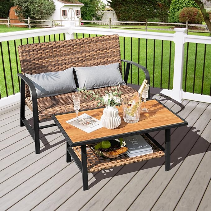 Tangkula 2 Pieces Patio Wicker Furniture Set with 4D Air Fiber Quick Dry Cushion, Outdoor Loveseat and Coffee Table Set with DPC Tabletop and Lumbar Pillows, Patio Conversation Set