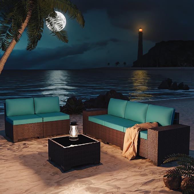 6 PCS Outdoor Patio Furniture Set,Outdoor Sectional Furniture All Weather PE Rattan Wicker Patio Conversation Set with Coffee Table and 5 Thickened Cushions,Turquoise Blue