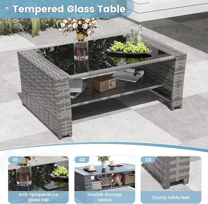 Amopatio 4 Piece Outdoor Wicker Patio Furniture Set, PE Rattan Sectional Sofa with Thick Cushions & Tempered Glass Table, Weather-Resistant Patio Conversation Sets for Balcony, Backyard, Grey