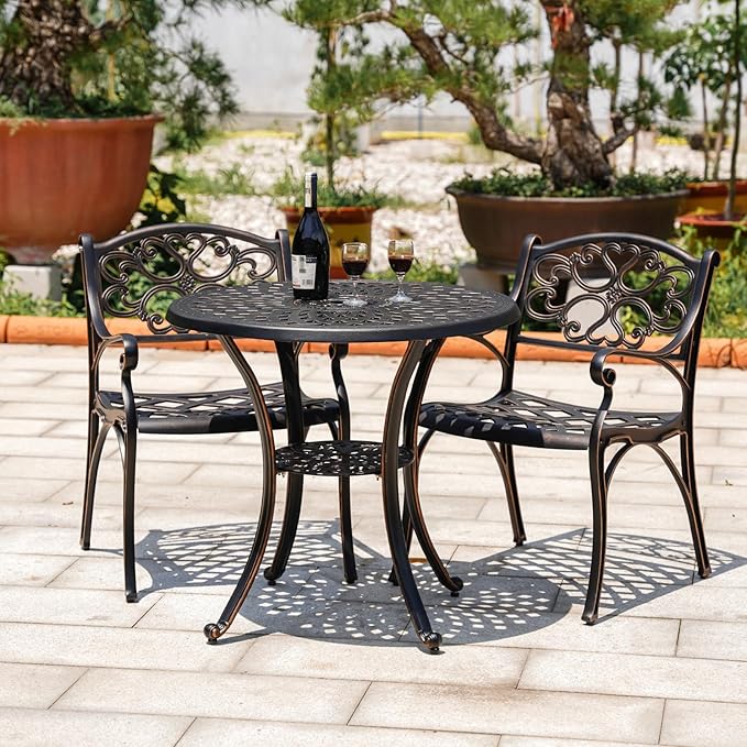 31inch Patio Bistro Table All Weather Patio Table with Umbrella Hole, Retro Cast Aluminum Bistro Table Round Metal Side Table, Bronze