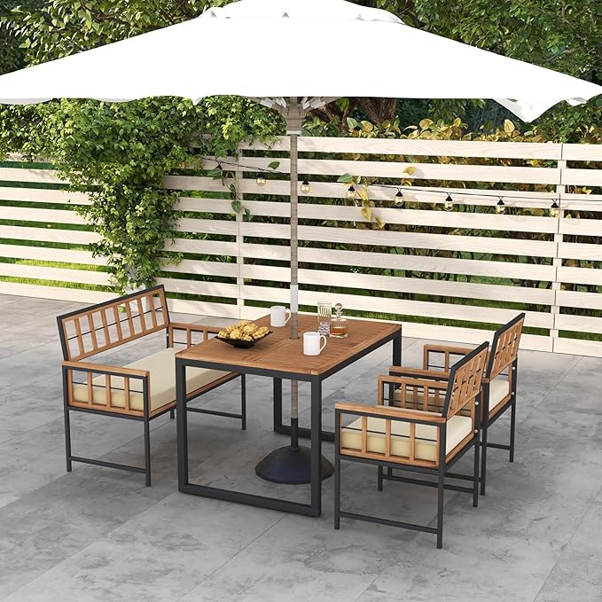 Tangkula 4 Piece Patio Dining Set, Outdoor Wood Dining Furniture W/ 2 Chairs & 1 Loveseat, 47” Acacia Wood Table W/Umbrella Hole, Cozy Seat Cushions, Outside Furniture Set for Backyard, Poolside