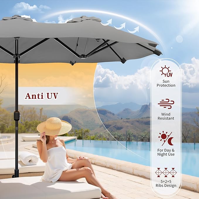 Vongrasig 13FT Large Patio Umbrellas with Base Included, Outdoor Double sided Pool Umbrellas with Crank Handle, Large Rectangle Table Umbrella for Poolside Backyard Market, Grey