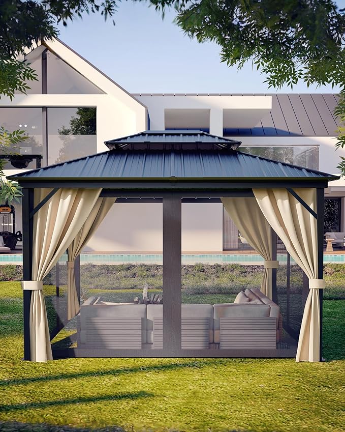 12x14 Gazebo Hardtop, Aluminum Frame Gazebos with Galvanized Steel Double Roof, Mosquito Net & Privacy Curtain,for Patio, Porch, Garden, Lawn, Deck, Backyard