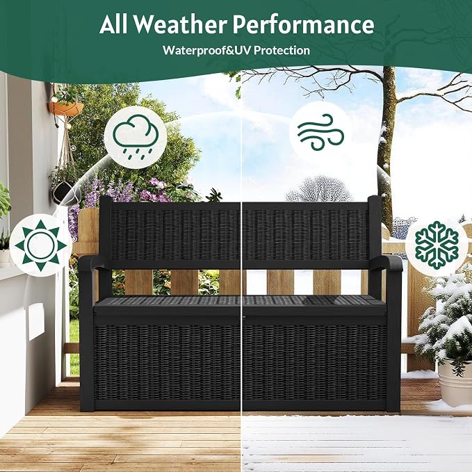 Skepphlay 70 Gallon Storage Bench Outdoor, Deck Box Bench with Armrest, Lockable Outside Benches with Storage, Deck Boxes Waterproof for Pool Patio Garden (Black)
