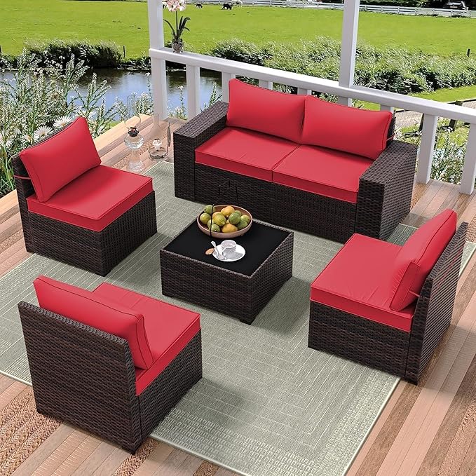 6 PCS Outdoor Patio Furniture Set,Outdoor Sectional Furniture All Weather PE Rattan Wicker Patio Conversation Set with Coffee Table and 5 Thickened Cushions,Red
