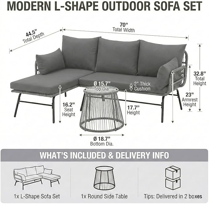 Bezseller 3-Piece Outdoor Patio Furniture Set, L-Shaped Rattan Sectional Sofa with Thick Cushions, Glass Coffee Table – All-Weather Conversation Set for Backyard, Porch, Poolside