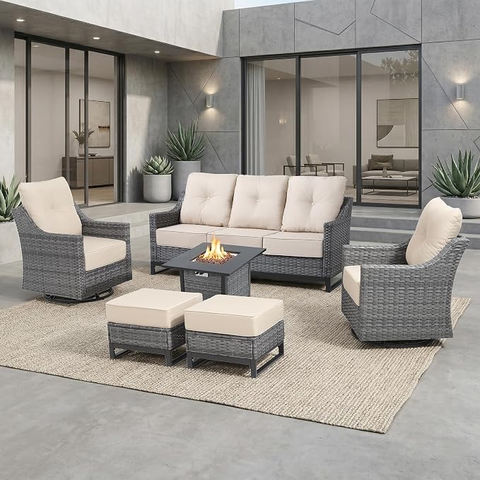 6 Piece Patio Furniture Set with Fire Pit, Grey Wicker Outdoor Conversation Set with 2 Swivel Rocker Chairs, Sofa, 2 Ottomans and Square 60,000 BTU Fire Pit Table for Porch, Deck