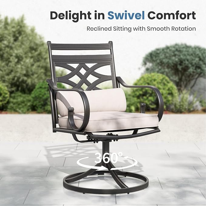 PHI VILLA 7 Piece Patio Dining Set, Swivel Chairs, Rectangular Steel Table | Metal chairs, Beige Cushion, Cushions, E-coated
