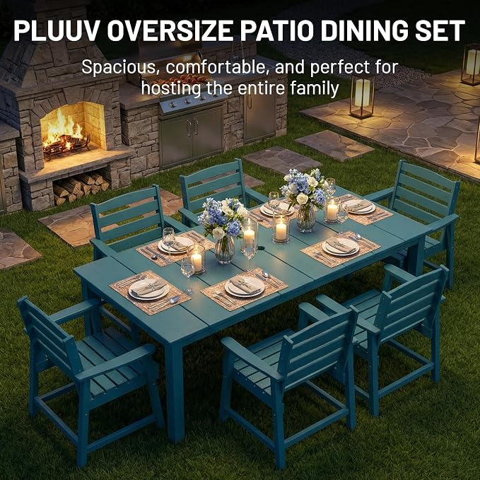 PLUUV 7-Piece Outdoor Patio Dining Set, All-Weather HDPE Dining Furniture Set with Umbrella Hole Cut-Out Table, Aluminum Table Legs, 6 Chairs, Waterproof & Easy Clean for Backyard, Garden, Navy Blue