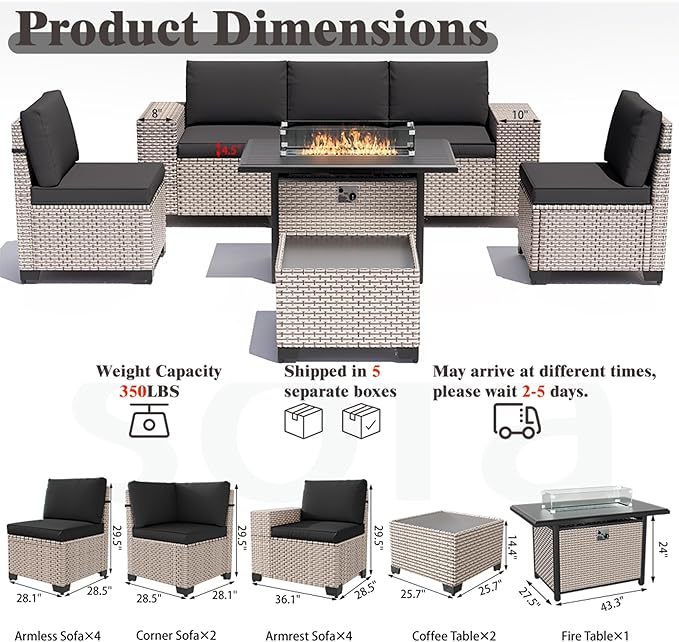 13 Pieces Patio Furniture Set with Fire Pit Table, Outdoor Sectional Wicker Sofa with Thickened Cushions and Coffee Table, High Back Rattan Patio Conversation Sets, Black