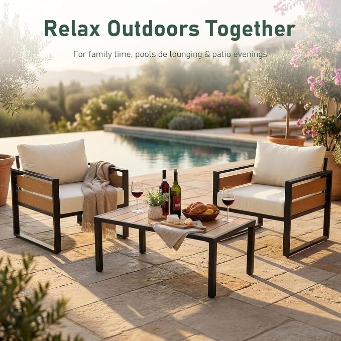 Furnimart Patio Furniture Set, 3-Piece Metal Outdoor Sectional, 2-Seat Patio Conversation Set with Deep Seating, Thick Cushions & Coffee Table for Backyard, Porch & Deck, Beige